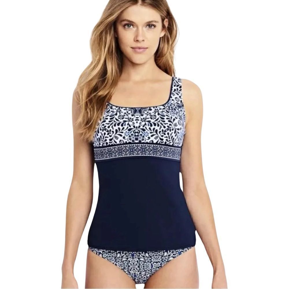 Lands' End Square Neck Tankini Underwired Blue Medallion  Swim Top Size 4 NWOT
